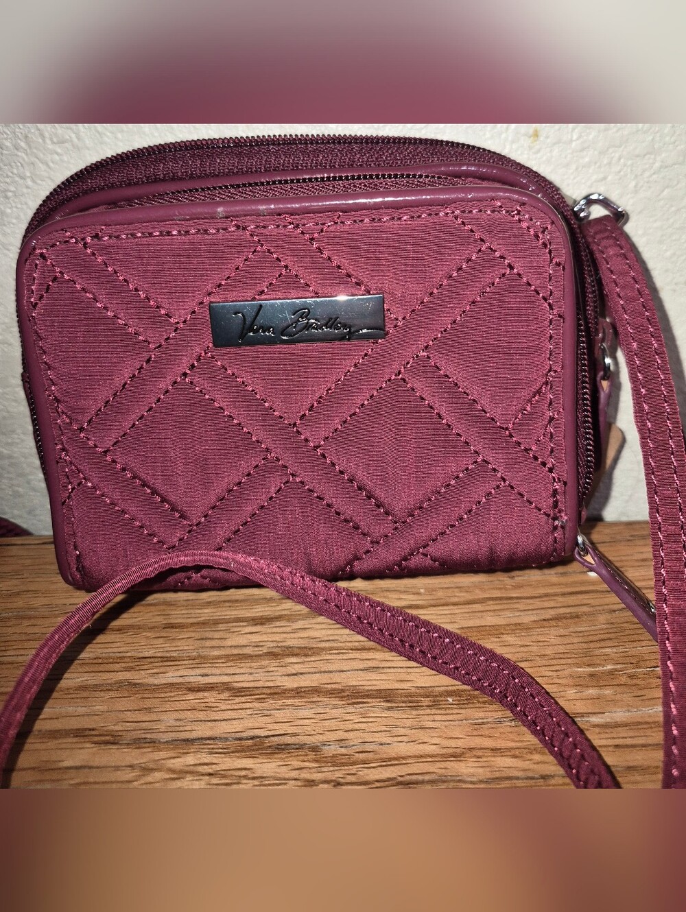 Vera Bradley On the Square Quilted Crossbody Wallet bags in maroon,burgundy